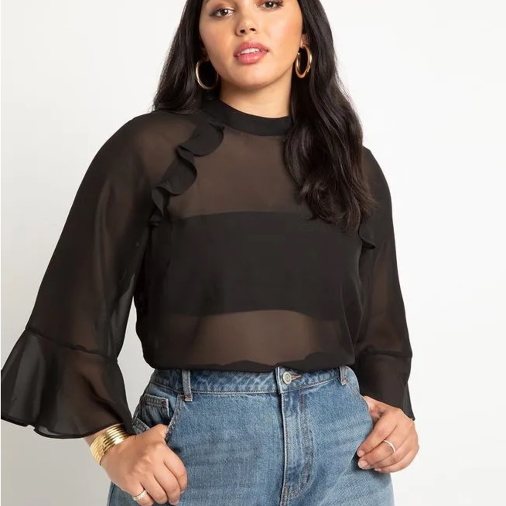 Eloquii Black Chiffon Ruffled Top
